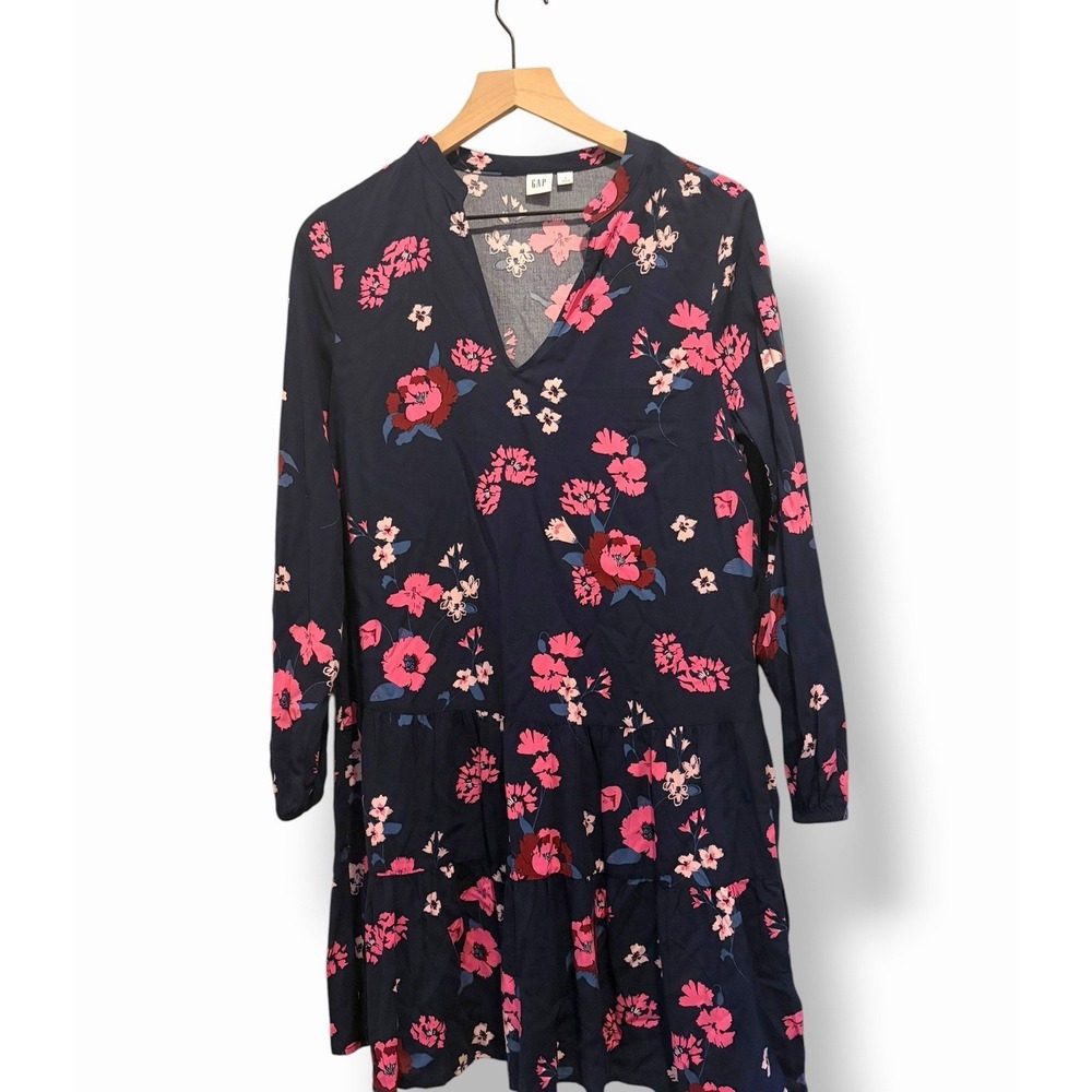 GAP Navy Floral Mini Woven Dress Women's Small Long Sleeve Boho Smocked Sleeve